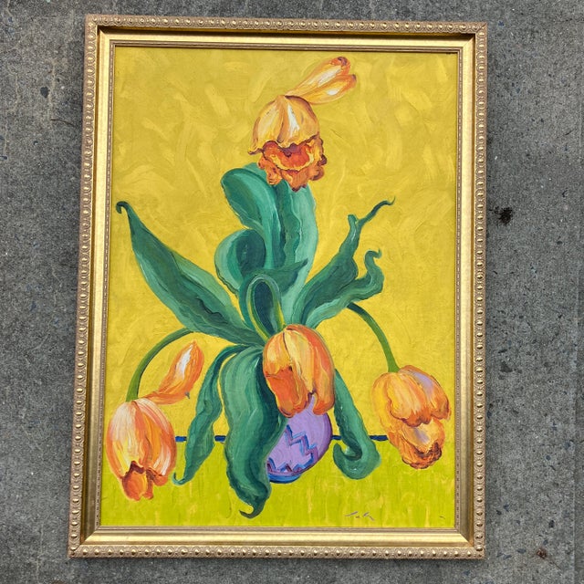 Wood 1980’s Original Abstract Expressionist Tulip Still Life Painting Framed For Sale - Image 7 of 7