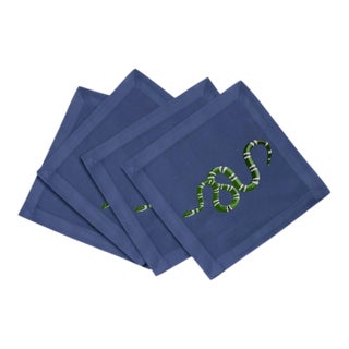 Serpent Cotton Sateen Cocktail Napkins in Blue, Set of 4 For Sale