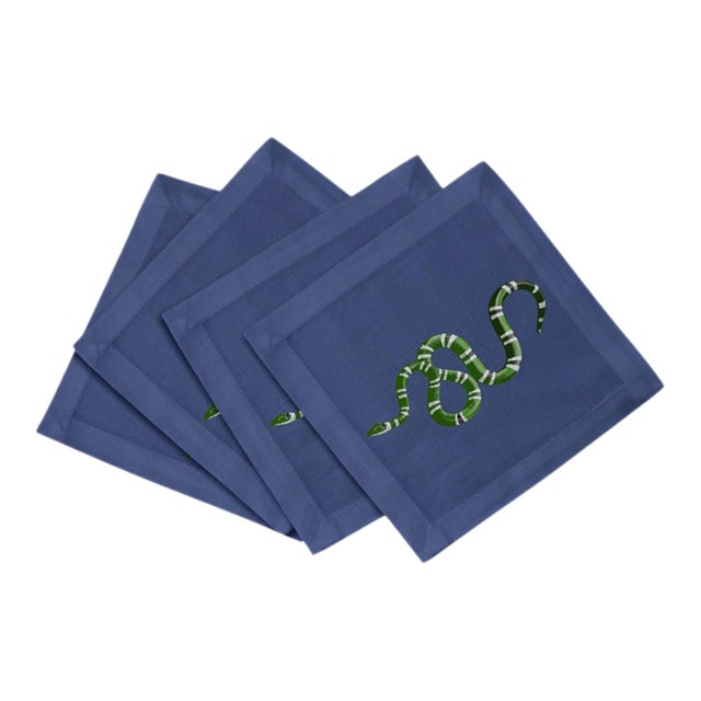 Serpent Cotton Sateen Cocktail Napkins in Blue, Set of 4 For Sale
