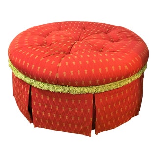 Red Pineapple Fabric and Contrasting Green Fringe Detail Tufted Ottoman For Sale