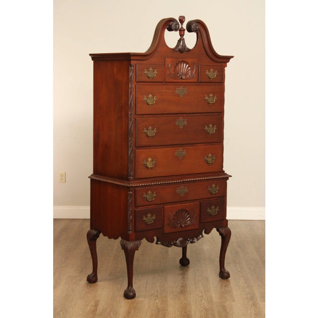 High Quality American Made Solid Wood Carved Highboy Chest, Having Dovetailed Drawers with Brass Hardware, Ornate Foliate...