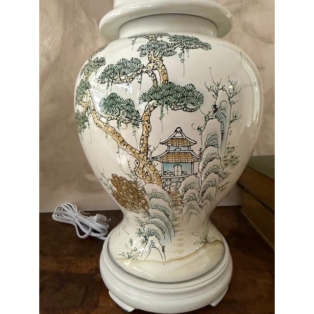Vintage Chinese Export Ceramic Table Lamp Hand Painted Chinoiserie With Matching Shade For Sale In Chicago - Image 6 of 12