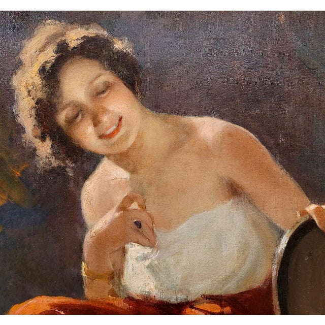 Girl Admiring Herself in the Mirror -C1880s Italian Romanticism Oil Painting For Sale - Image 4 of 8