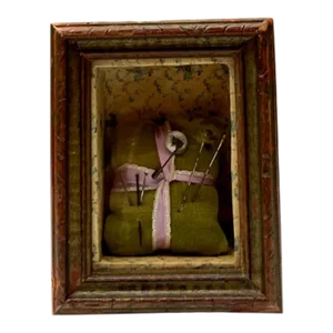 Vintage Late 20th Century Folk Art Shadow Boxes of Sewing Implements, "Pounce Upon the Soft Cushion"