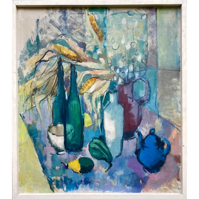 European School, Still Life with a Blue Teapot, 1950s, Oil on Canvas For Sale - Image 6 of 6