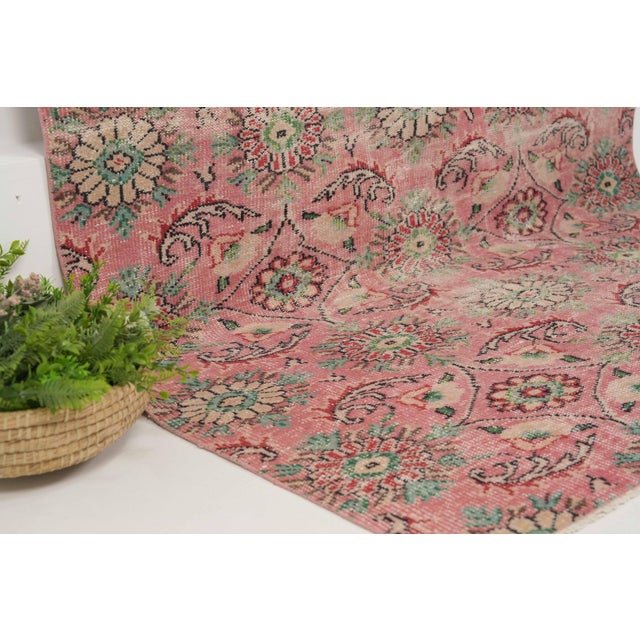 1970s Vintage Turkish Handmade Wool Cotton Pink Area Rug For Sale - Image 4 of 12