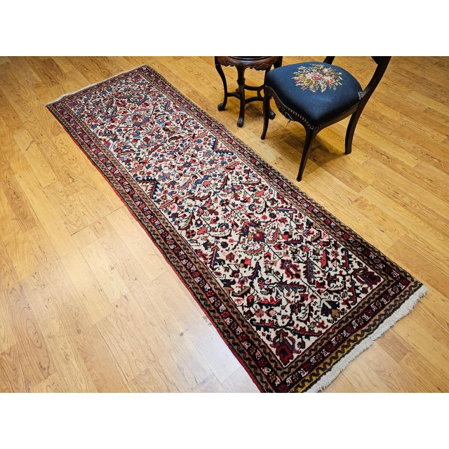 Vintage Persian Heriz Runner Rug, Hand-Knotted Wool, Allover Geometric Pattern, Ivory & Red, 3x9 For Sale - Image 12 of 14