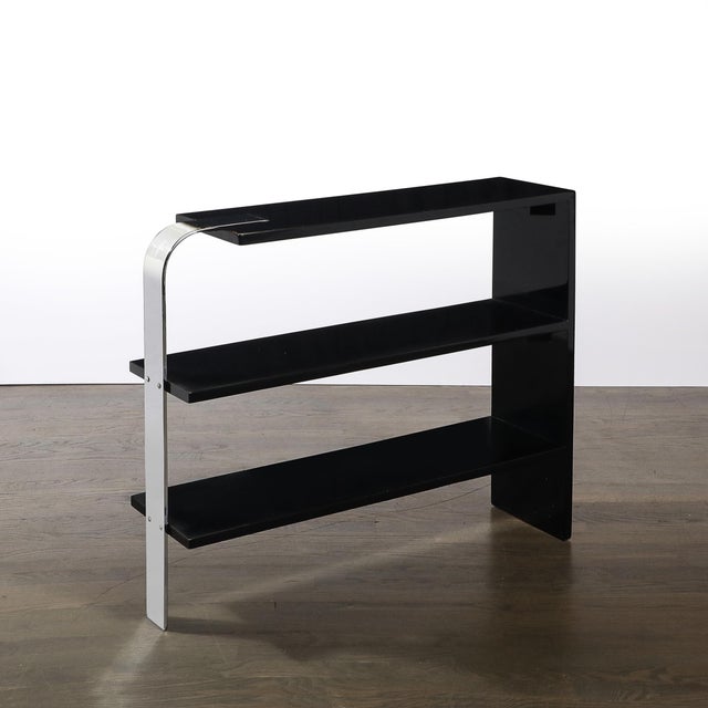 Art Deco Streamlined 3-Tier End Table/Bookcase in Black Lacquer W/ Curved Chrome For Sale In New York - Image 6 of 12