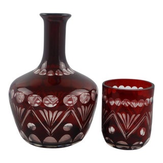 Vintage Bohemian Ruby Flashed Cut Glass Bedside Carafe & Tumbler Set For Sale