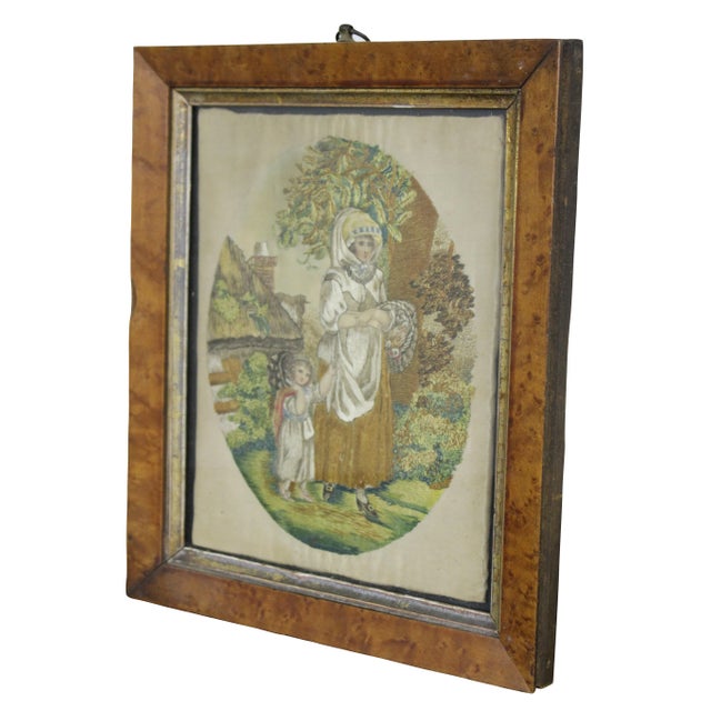 French Provincial Antique 19th Century Embroidered Silk French Pastoral Provincial Scene Woman Child Stumpwork For Sale - Image 3 of 11
