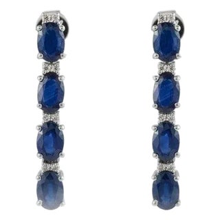 Art Deco Diamond Blue Sapphire Dangle Earrings in Solid 14k White Gold- 2 Pieces For Sale