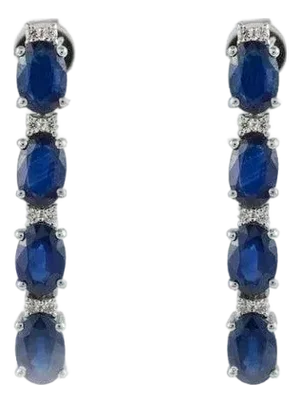 Art Deco Diamond Blue Sapphire Dangle Earrings in Solid 14k White Gold- 2 Pieces