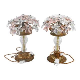 Set of 2 Larg Table Lamp Crystal Glass Flower Pink and Crystal, Brass Base, 1960 For Sale