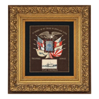 Early 20th C. Embroidered u.s.a.t. Sherman Naval Souvenir, China & Japan Cruise For Sale