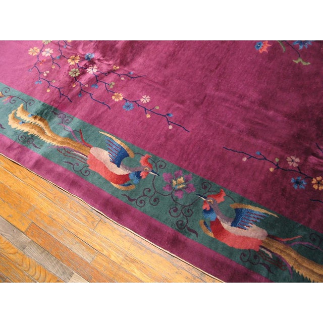Early 20th Century 1920s Pink Raspberry Floral Birds Antique Chinese Deco Rug 9' X11' 8" Handlnotted Wool Carpet For Sale - Image 5 of 6