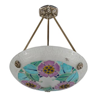 Loys Lucha French Art Deco Pendant Light 1930s - Purple Turquoise Floral Enameled Bowl For Sale