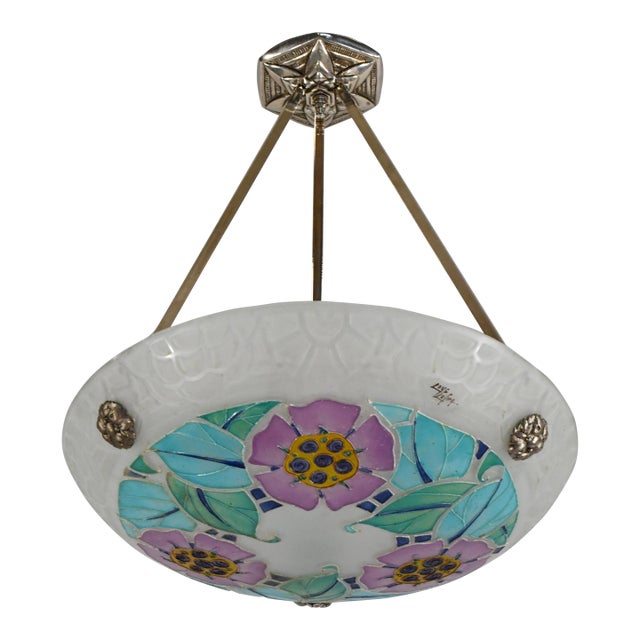 Loys Lucha French Art Deco Pendant Light 1930s - Purple Turquoise Floral Enameled Bowl For Sale