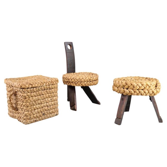 Vintage French Rope Chair with Stool and Basket from Audoux Minet, 1960s, Set of 3 For Sale - Image 15 of 15