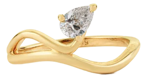 Modern Sculptural Pear Cut Diamond Solitaire Wave Ring Size 5 in 14k Yellow Gold