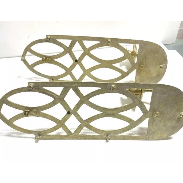 Brass Vintage Hollywood Regency Brass Geometric Wall Sconces – Pierced Brass Candle Holders (Pair) For Sale - Image 8 of 9