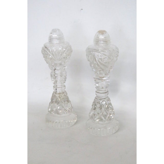 Art Deco 1940s Bohemian Crystal Salt and Pepper Shaker Pair of 2 Pedestal Base Cut Glass For Sale - Image 3 of 12
