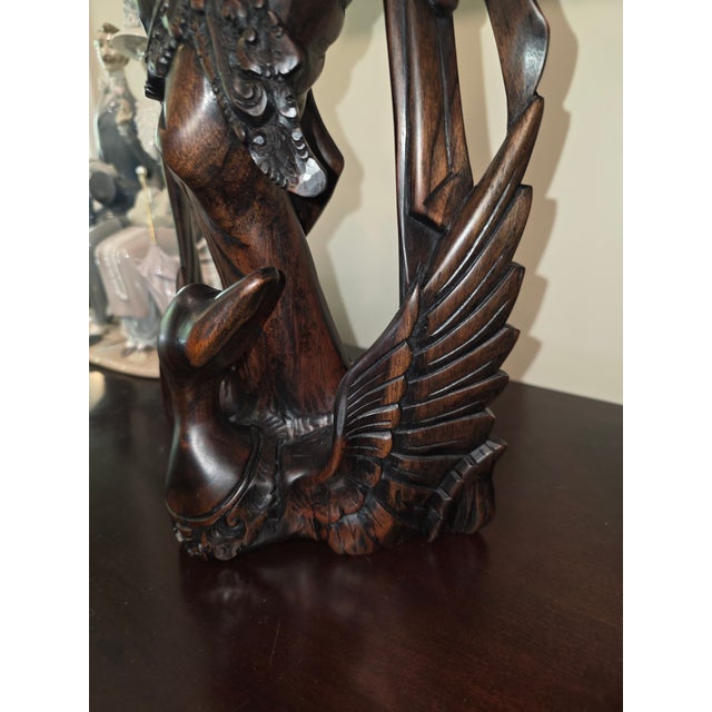 Ebony Mid 20th Century Art Deco Balinese Modernist Macassar Ebony Sarasvati Swan Rider Sculpture For Sale - Image 8 of 18
