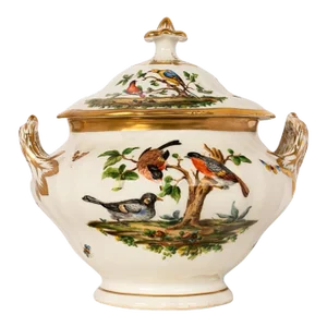 Antique 19th Century German KPM Porcelain Lidded Bowl Tureen Birds Butterflies