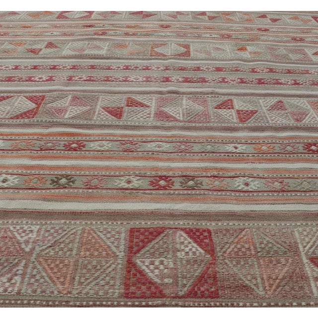 Mid 20th Century Colorful Turkish Vintage Embroidered Kilim With Stripes and Geometric Motifs For Sale - Image 4 of 11