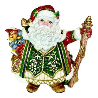1980s Vintage Majolica Hollywood Regency Americana Fitz & Floyd Christmas Santa Tea Pot For Sale
