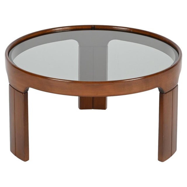 Italian Round Coffee Table in Walnut with Smoked Glass Top from Molteni, 1960s For Sale - Image 14 of 14