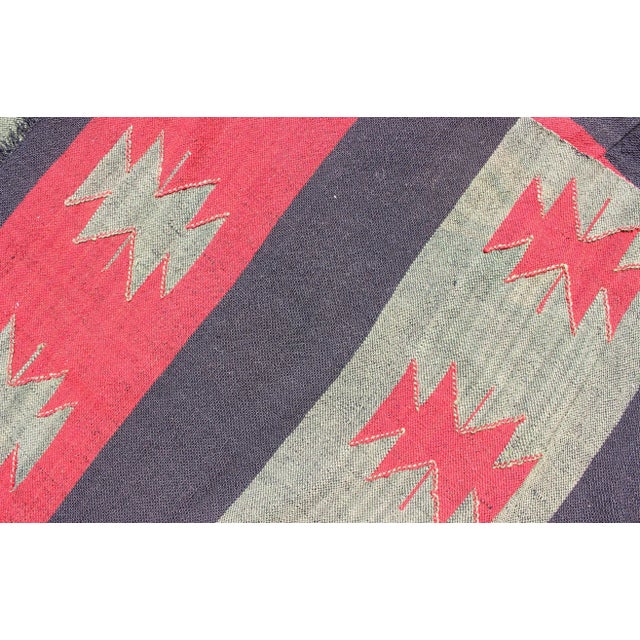Large Vintage Kilim Rug With Tribal Shapes and Stripes in Red, Brown and Green For Sale - Image 4 of 13