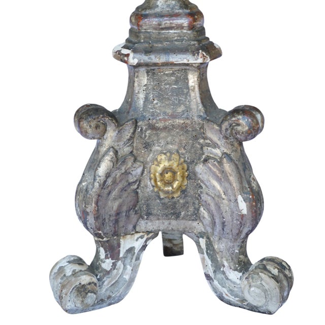 Wood 56” Tall Rare Pair of 18th-Century Italian Silvered & Giltwood Ecclesiastical Altar Prickets For Sale - Image 7 of 18
