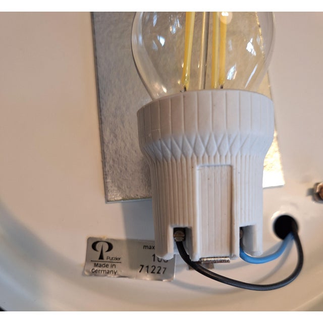 Metal Vintage German Flat Ceiling Lamp with White Striped Frosted Glass Shade from Peill & Putzler, 2000s For Sale - Image 7 of 8