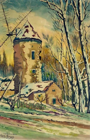 Milio Burquin, French Watercolor Winter Landscape - Neige Couverte Vieux Moulin en Alsace