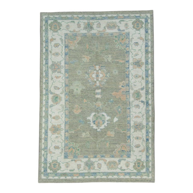 Brown & Blue Turkish Oushak Rug 3'11" x 5'9" For Sale