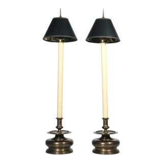 1970s Chapman Brass Buffet Candlestick Lamps with Black & Gold Foil Shades - A Pair For Sale