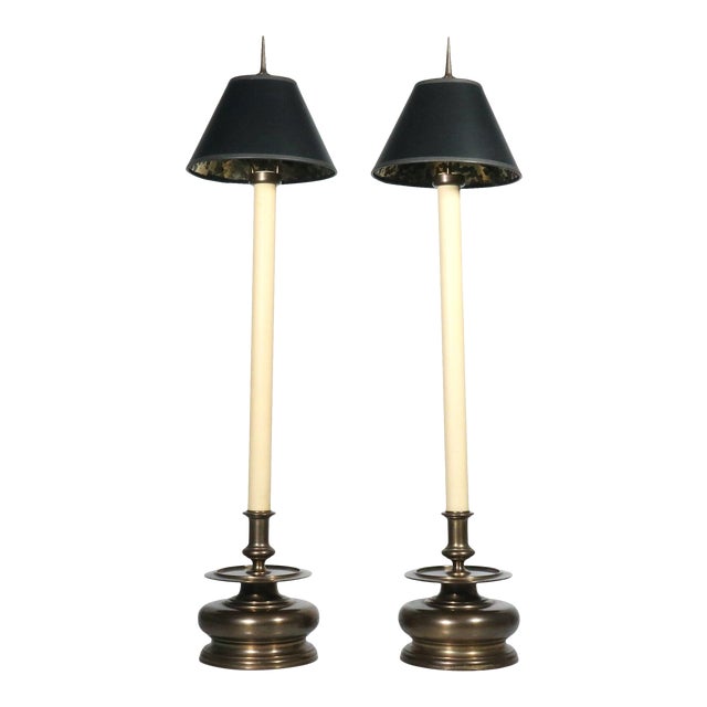 1970s Chapman Brass Buffet Candlestick Lamps with Black & Gold Foil Shades - A Pair For Sale