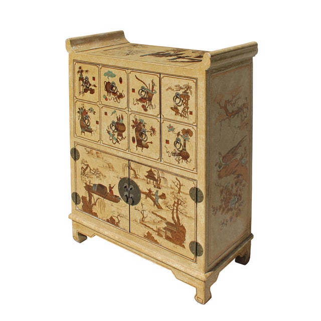Chinese Golden Beige Veneer Print Graphic Side Table Drawers