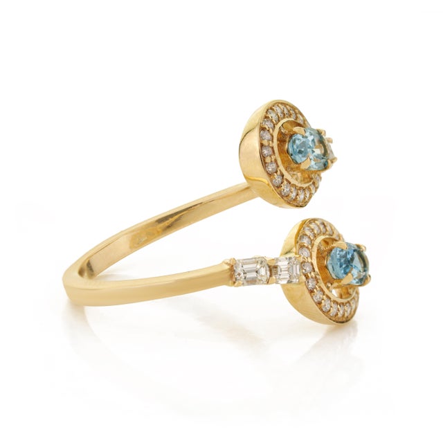 Metal 14k Gold Handmade Natural Aquamarine & Diamond Bypass Wrap Ring Size 9 For Sale - Image 7 of 15