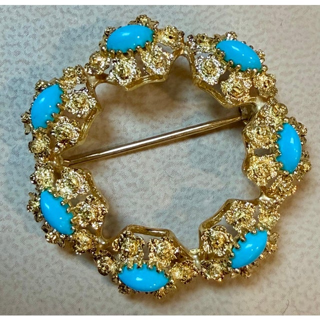 3 Carat Sleeping Beauty Turquoise Circular Pin in 18 Kt Yellow Gold , Estate For Sale - Image 4 of 8