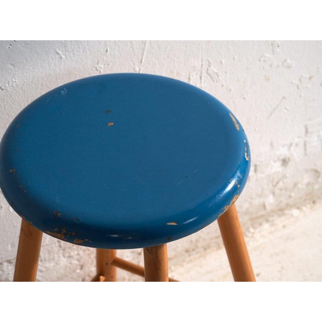 Vintage Wooden Stool with Round Seat, Central Europe, 1950 For Sale - Image 3 of 9