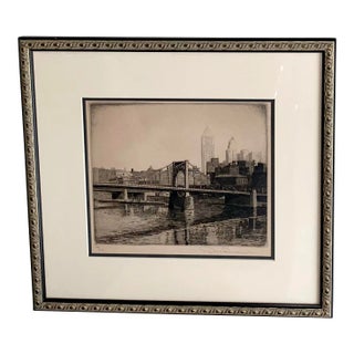 Don Swann Born 1889 Original Pencil Signed Etching of Pittsburgh With Bridge For Sale