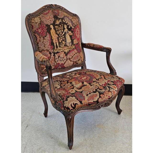 French 19th Century French Louis XV Style Mahogany and Needlepoint Tapestry Bergeres Fauteuils, Pair For Sale - Image 3 of 11