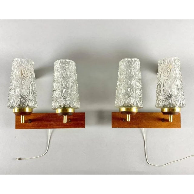 Double Arm Wall Lights with Cylindrical Glass Shades and Wooden Bases, Germany, Set of 2 For Sale - Image 10 of 10