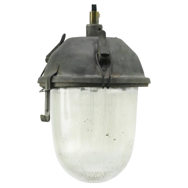 Vintage Industrial Pendant Light in Grey and Clear Striped Glass For Sale