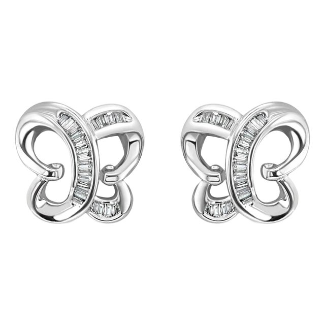 Butterfly Baguette Diamond Earrings 18k White Gold, 2 Pieces For Sale