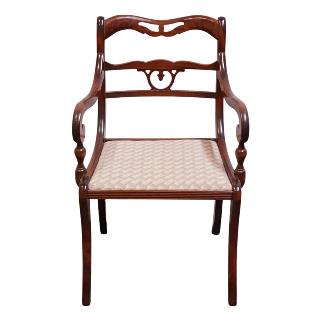 Vintage Antique Solid Mahogany Traditional Duncan Phyfe Style Dining Arm Chair For Sale