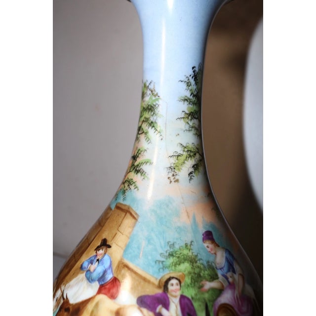 Large Antique Hand Painted Porcelain Bronze Crystal Electrified Oil Table Lamp For Sale - Image 12 of 12