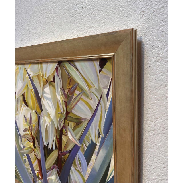 Contemporary Pure Gold by Sheri Farabaugh | Oil on Hardboard Painting of white flowers with green leaves For Sale - Image 3 of 3