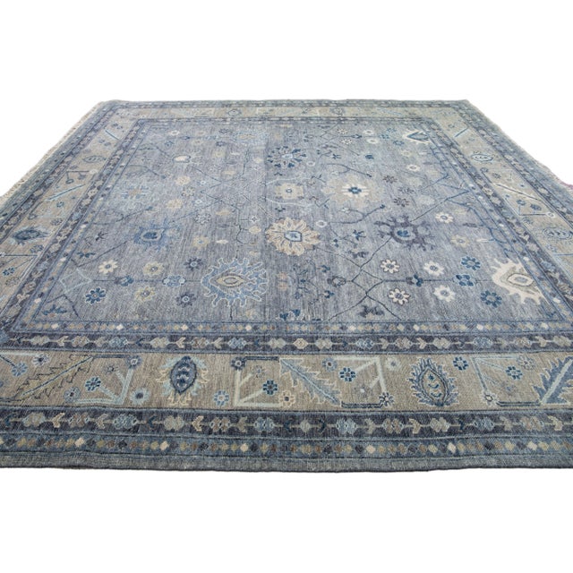 2020s Modern Oushak Style Handmade Floral Motif Gray and Beige Square Wool Rug For Sale - Image 5 of 9